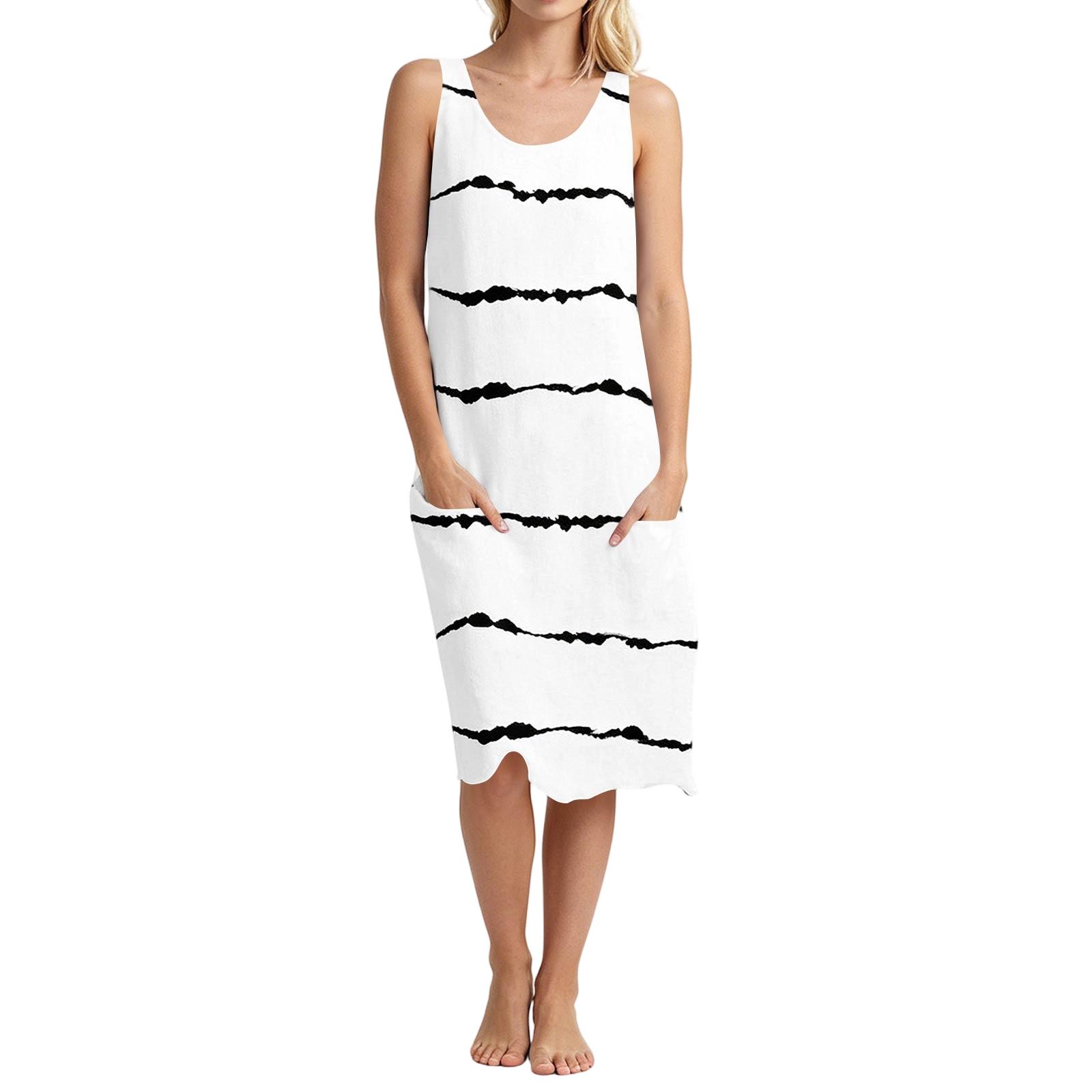 

Women Sleeveless Casual Loose Striped Summer Dress Crew Neck Midi Length Soft Lightweight Relaxed Fit Dress for Daily Wear XL белый