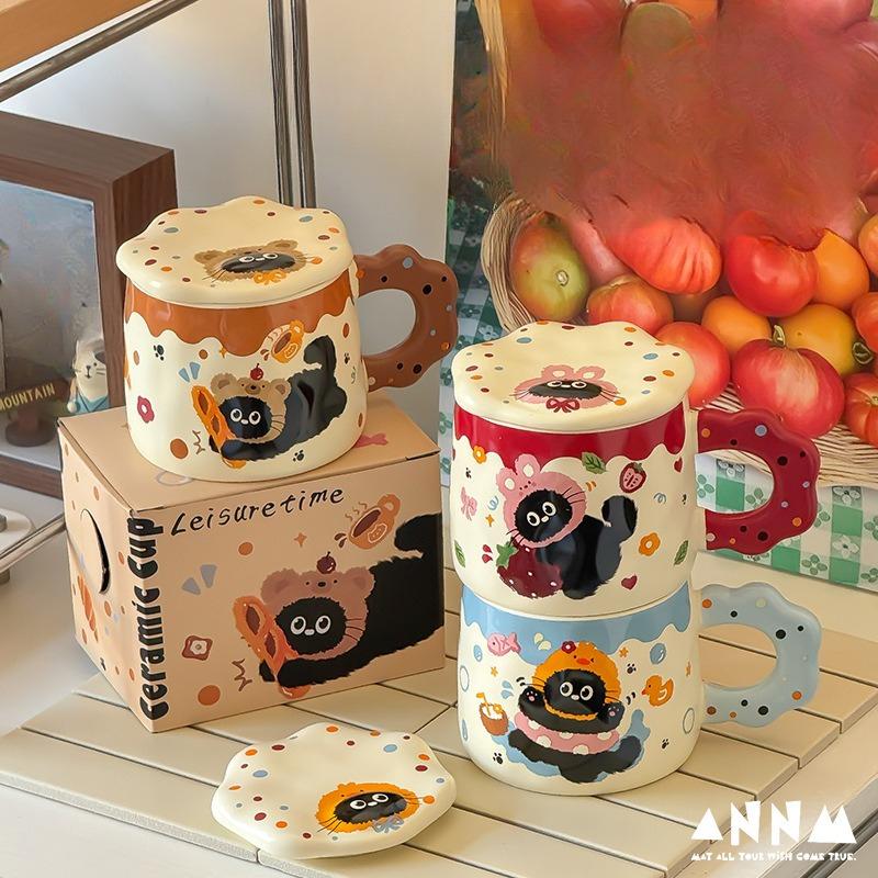 Dárky k narozeninám Kočičí keramický hrnek s víčkem Hrnek na vodu Hrnek s vysokou úrovní vzhledu pro dívky Domácí keramický hrnek na pití