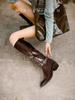 Cowhide version~ long boots women's retro thick heel leather thin knight boots wide tube crossed pointed but knee locomotive boots