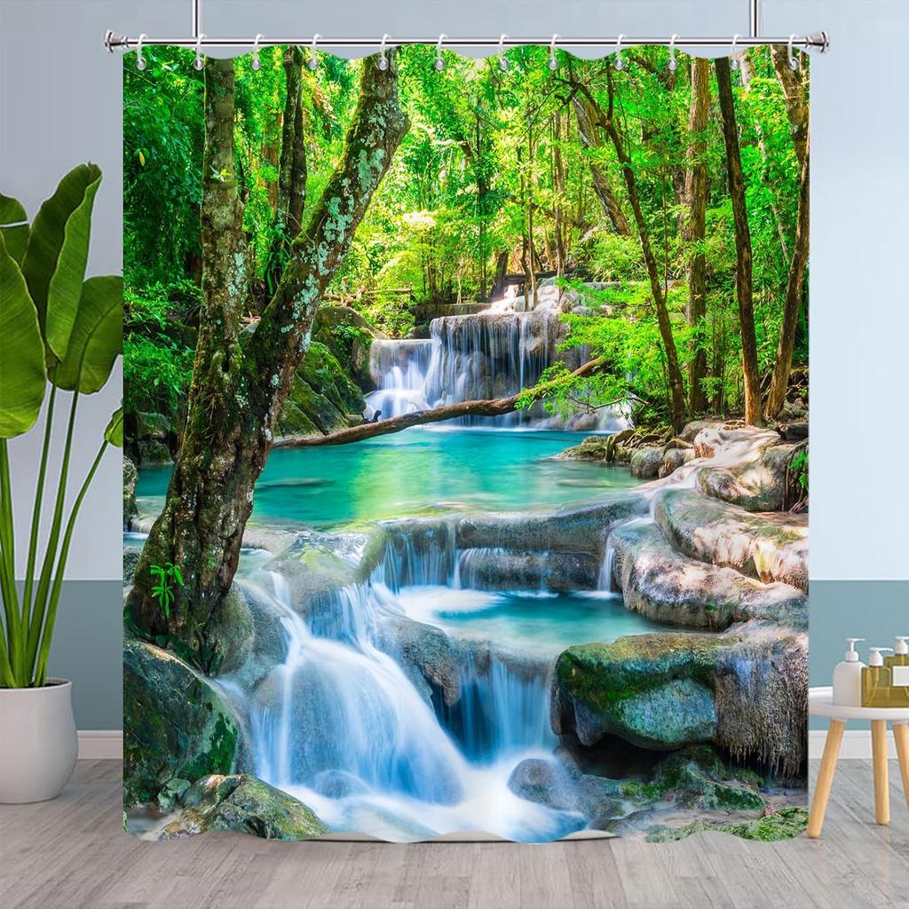 Tropical Shower Curtain Green Palm Leaves Hibiscus Red Flowers Pineapple Shower Curtains for Bathroom Watercolor Art Botanical