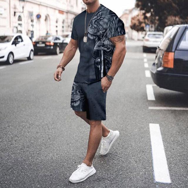 

Men s T-Shirt Suits Animal O-Neck Short Sleeves Set Lion Print 2023 Summer New Fashion Streetwear Casual Outdoor Daily Tops L