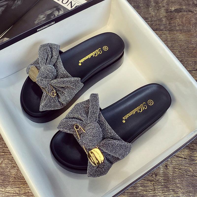 Bow-tie Cool Slippers Women's Summer 2025 New Fashion Outer Wear Versatile Large Size 41-43 Platform Beach Shoes Ins Tide