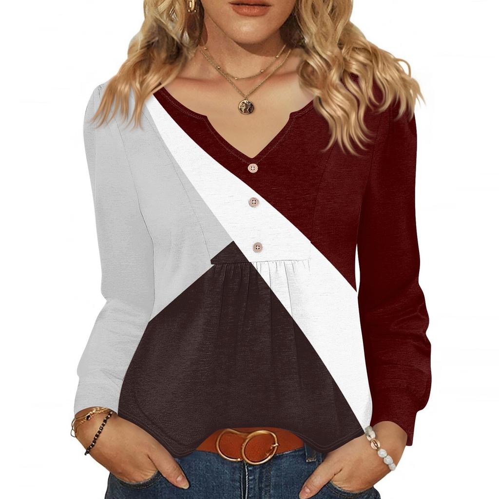Women's Fashionable Casual V-neck Blouse Button Long-sleeved Pullover T-shirt Top