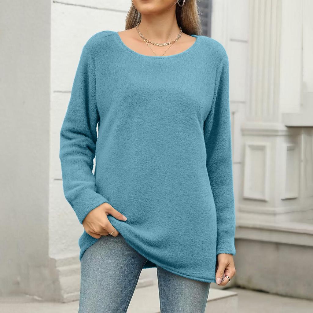 Women's Fashion Loose-Fit Round Neck Long-Sleeve Sweater Casual Solid Color Top
