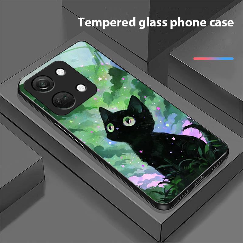 Cute Little Cat For OnePlus Nord 3 5 6T 7 Pro 8 12 10T Reno8 Lite 5G 10R Nord N30 Hard Shell Tempered Glass Phone Case Black