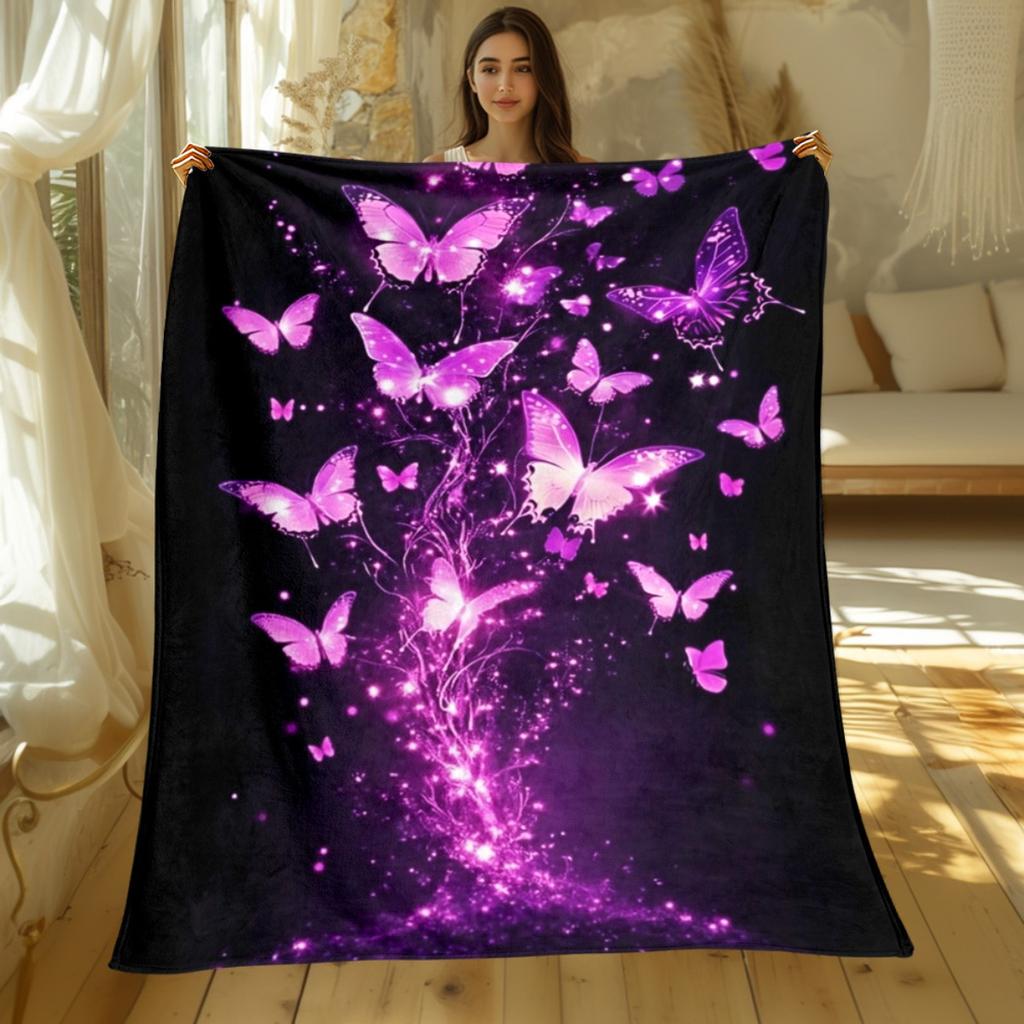 Purple Glowing Butterflies Magic Fantasy Flannel Blanket Soft Throw Blanket Mystical Design Bedroom Decor Gift for Her