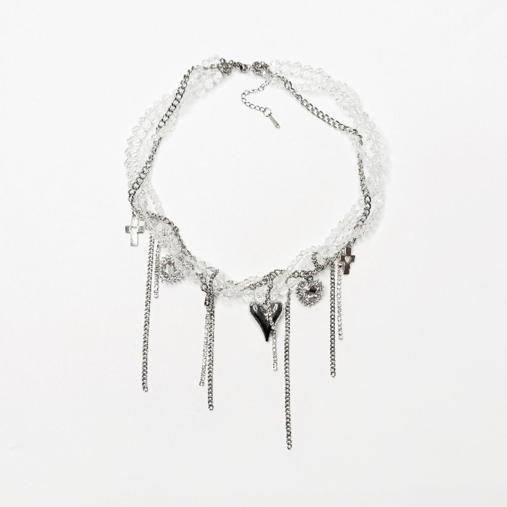 Punk Heart Pendant Necklace Geometry Y2K Crystal Necklace Adjustable Beaded Rhinestone Choker  Gift