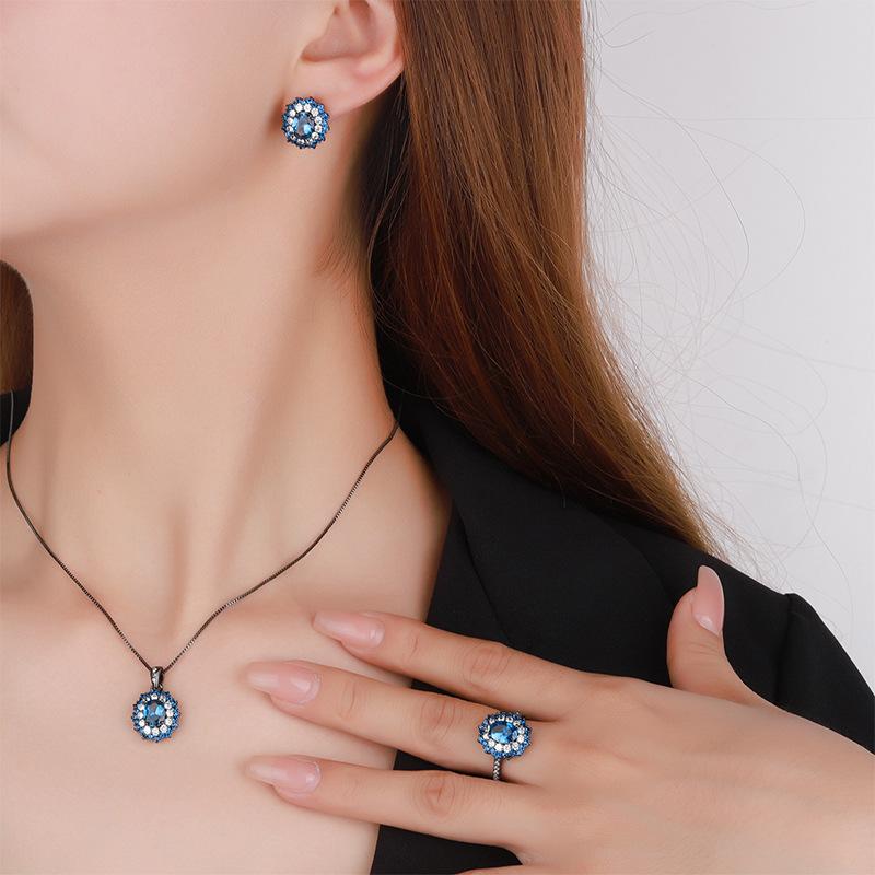Bijoux Fond Cuivre Plaqué Or Simulé Spinelle Bleu Ovale Or Noir Ensemble Pierre Héroïne 6 * 8
