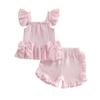 Toddler Baby Girl Shorts Set Bow Flying Sleeve Smocked Ruffle Tops and Shorts 2 Piece Summer Outfit