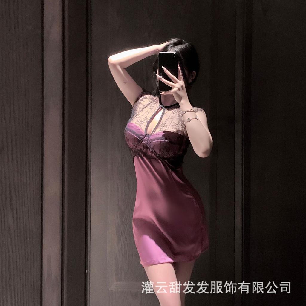 Sexy imperial sister, the wind is empty, lace splicing, pure desire, light ripe waist, purple satin mesh yarn hip-wrapped nightdress