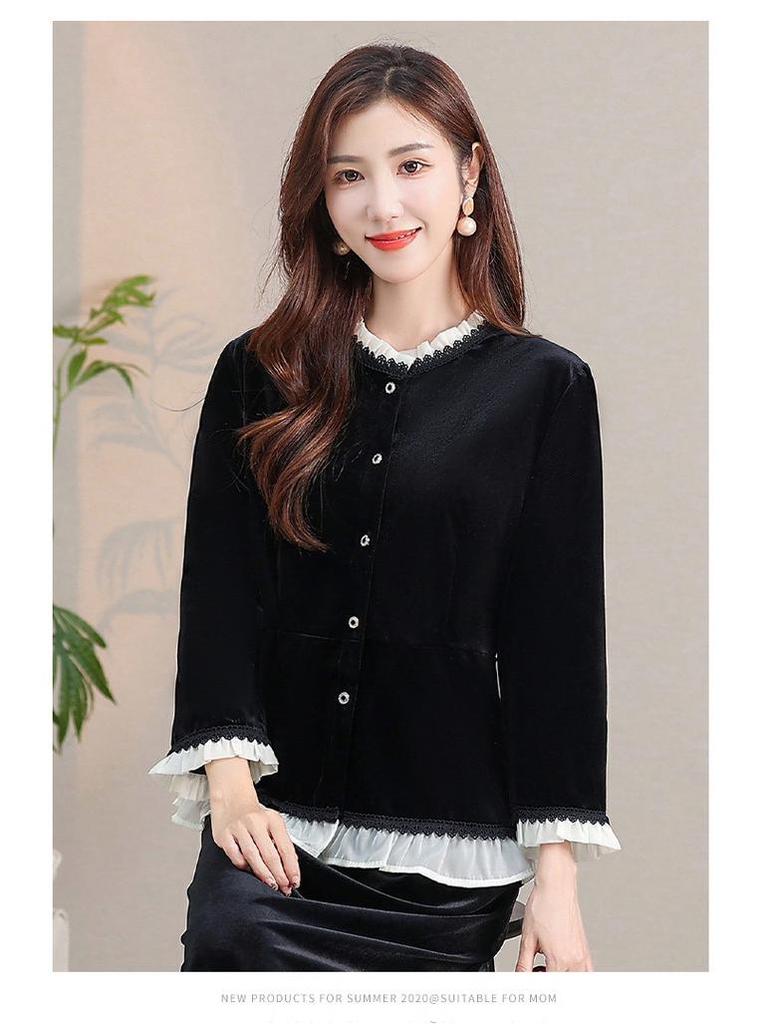 2024 Versatile Gold Velvet Lace Collar Cardigan Blouse for Women