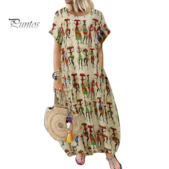 Women's Summer Casual Maxi Dress Loose Short Sleeve Crew Neck Long Dress Beach Ethnic Printed Sundresses