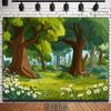 2D Cartoon Woodland Backdrop, Green Daisy Meadow Background for Baby Shower Decor