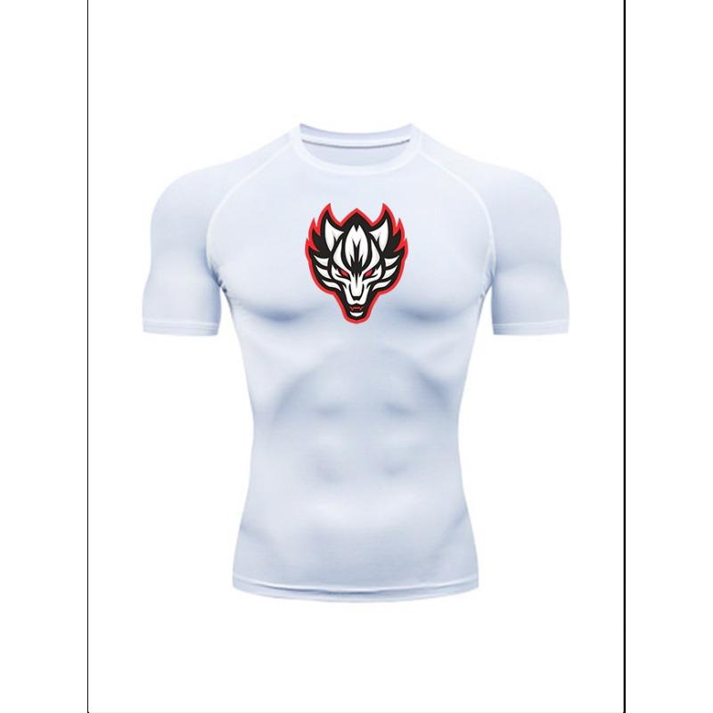Men'S Grey Red-Edged Wolf Head Print Compression T-Shirt, Quick Dry Short Sleeve Gym Workout Tee, Muscle Fit Athletic Training Top for Men