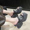 Female Shoes House Slippers Platform Low Slides Rivet Women Heels 2025 Summer Denim High Retro Cotton Fabric Rubber Rome Hoof