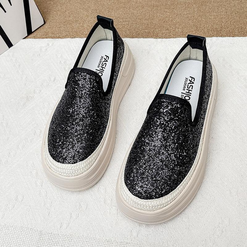 

Женские весенние новые модные повседневные одинарные туфли на платформе рыбака с пайетками, дышащие, на одном педале 40 чёрный