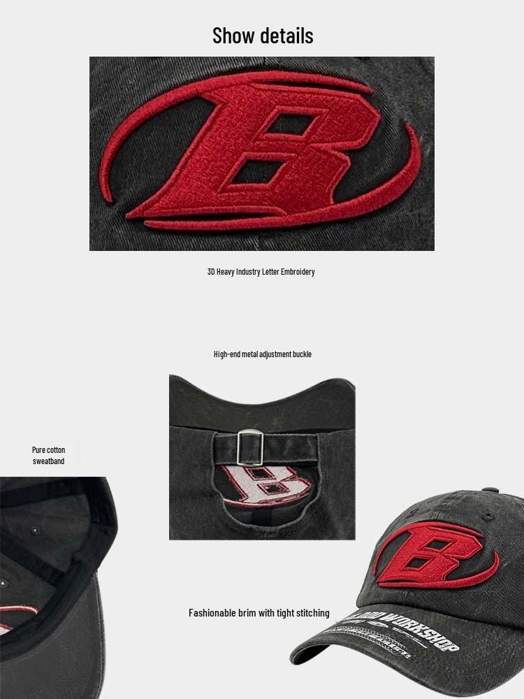 Korean Street Fashion Unisex Embroidered Logo Baseball Cap - Retro Washed Look
