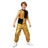 Costume da Danza Jazz Metallico per Ragazzo Collo Alto Senza Maniche Zip Posteriore Paillettes Lucide Blocco di Colore Top Pantaloni Cargo