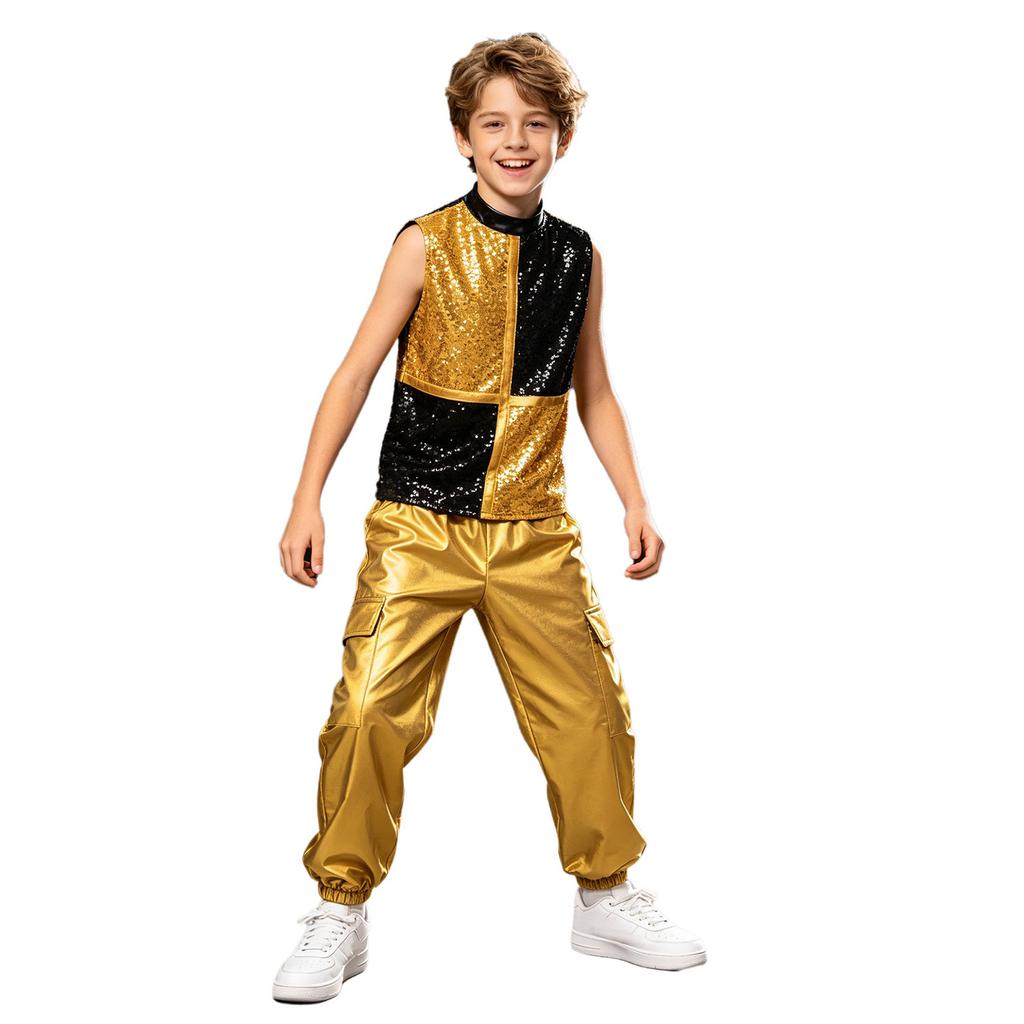 Costume da Danza Jazz Metallico per Ragazzo Collo Alto Senza Maniche Zip Posteriore Paillettes Lucide Blocco di Colore Top Pantaloni Cargo