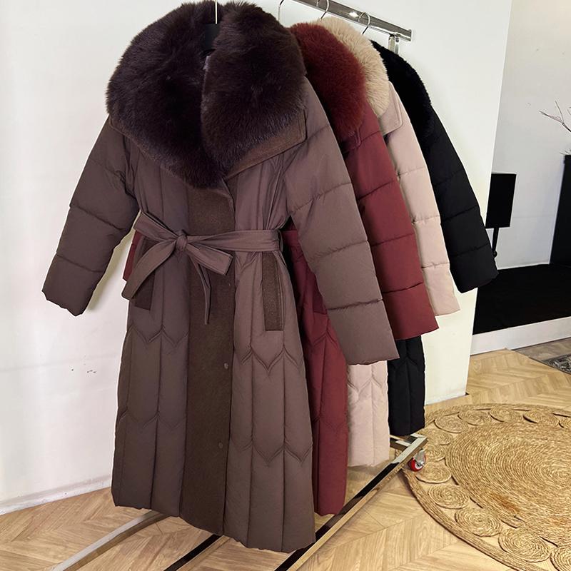 Plussstørrelse L-7XL Mote Vinterjakker Dame Lang Parkas Hette Stor Fuskepelskrage Løs Tykk Varm Overfrakk Casual Damekåper Med Belte