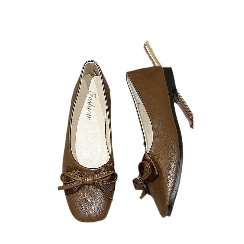 Korean Version of Square Head Flat Bottom Foreign Trade Large Size Doudou Shoes 2024 New Versatile Fashion Sweet Bow Versatile Single Shoes