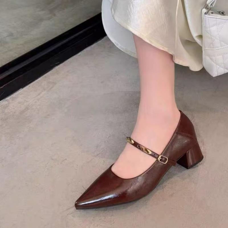 Metallschnalle Einriemen Blockabsatz Einzelne Schuhe Herbst Neu Spitzschuh Flachmaul Rutschfest Kitten Heel Schuhe