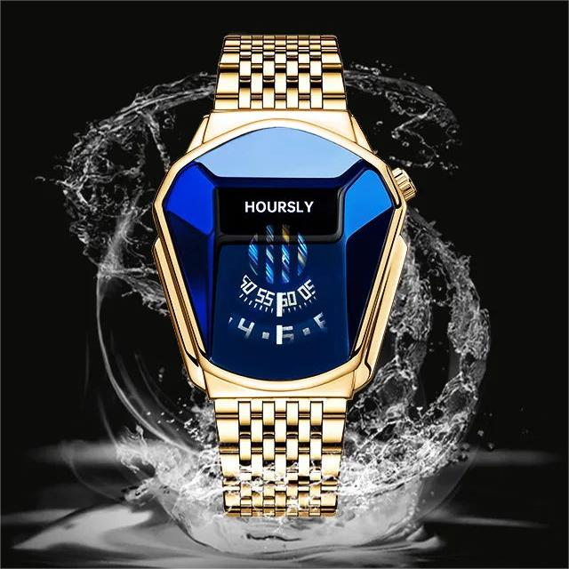 HOURSLY 6617 Fashion Men's Watches Motorcycle Cool Waterproof Sport Wristwatch Quartz Stainless Steel Belt Watch Gold Band Clock