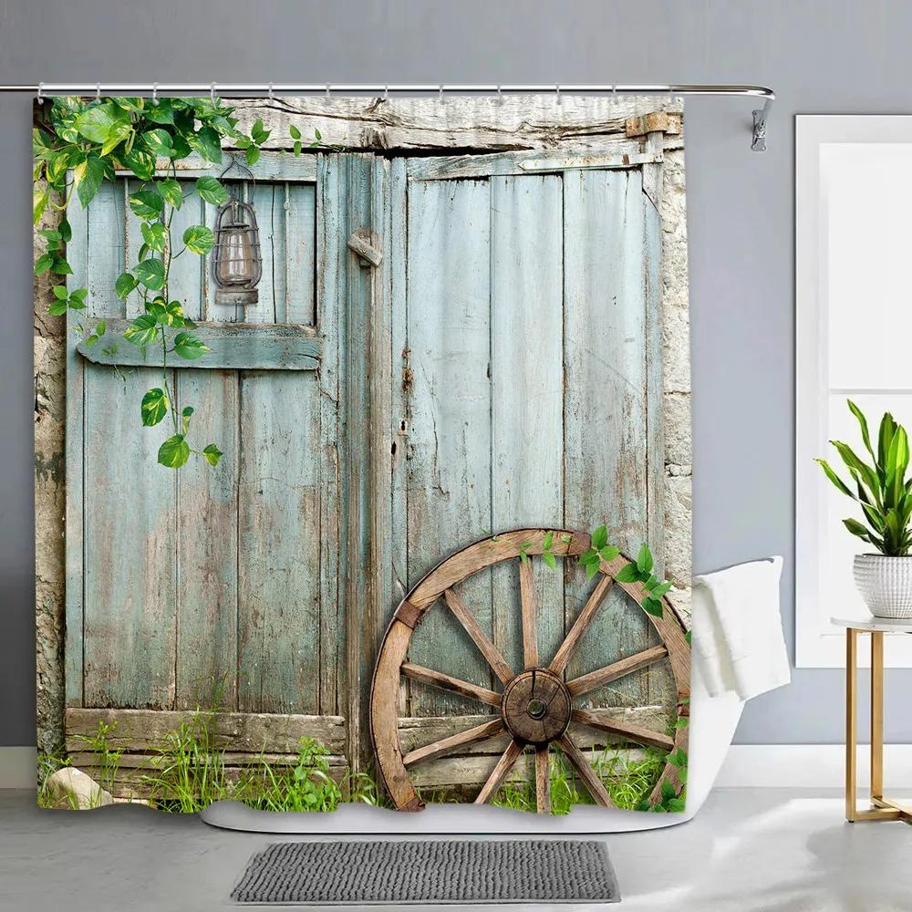 Vintage Rustic Wood Panel Shower Curtain Barn Door Floral Botanical Green Leaf Barn Farm Polyester Fabric Bathroom Decor Curtain