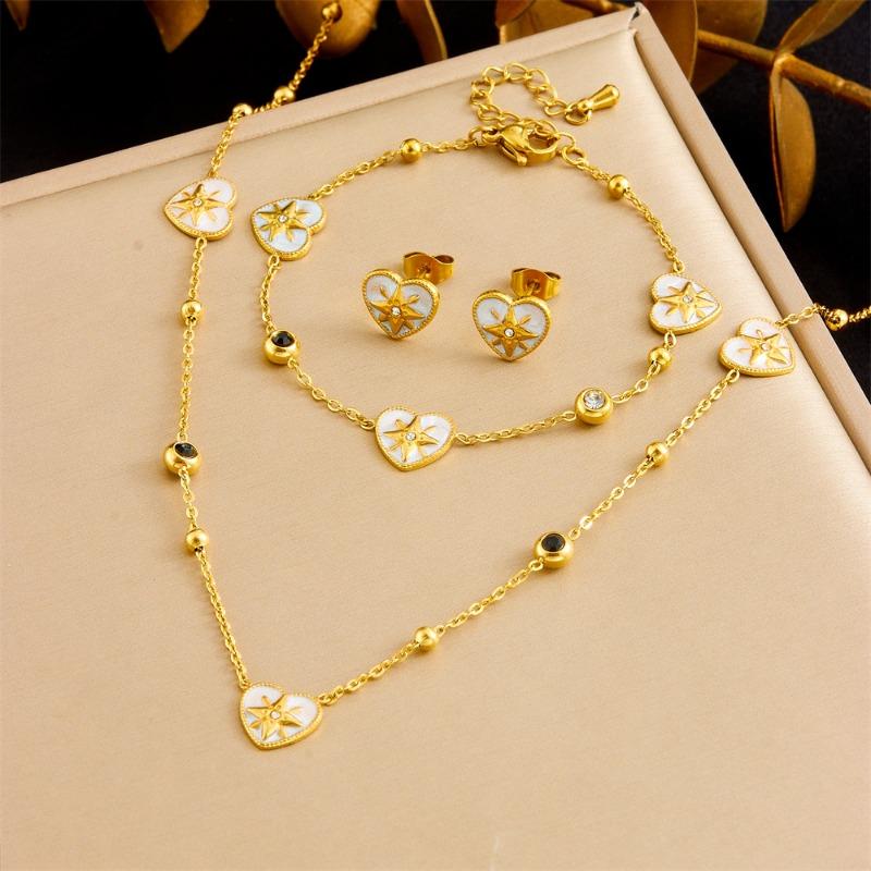 Gold Enamel Heart Star Jewelry Set Necklace Bracelet Earrings