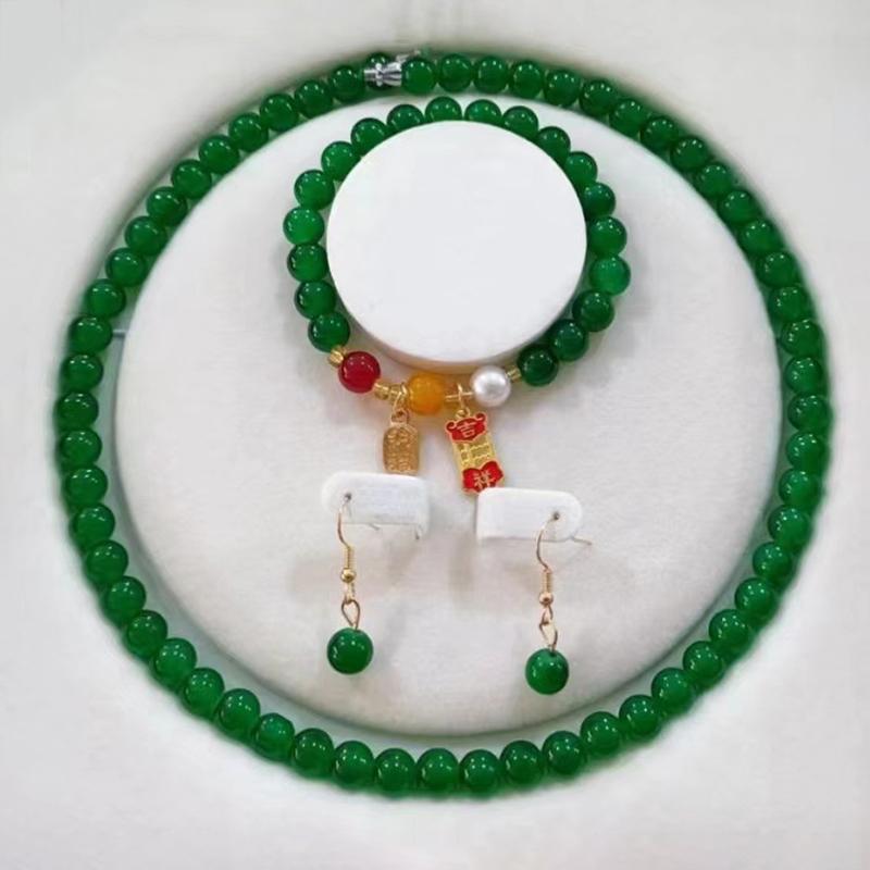 3Pcs Vintage Simple Imitation Jade Necklace Bracelet Earrings Jewelry Set For Women Temperamen Banquet Accessory