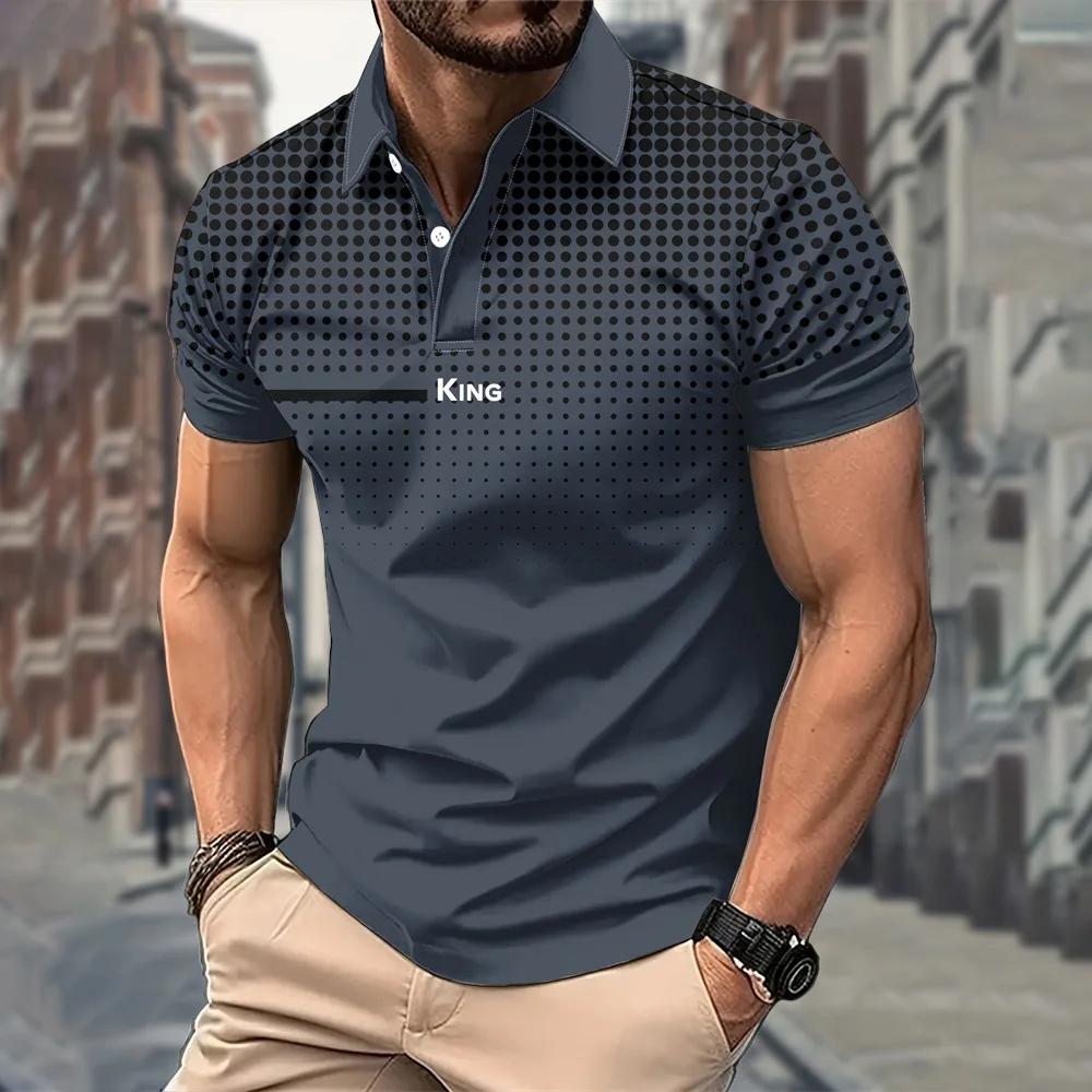 Stylish Polka Dot Short Sleeve Polo Shirt with 'KING' Print, Casual Fashion Top