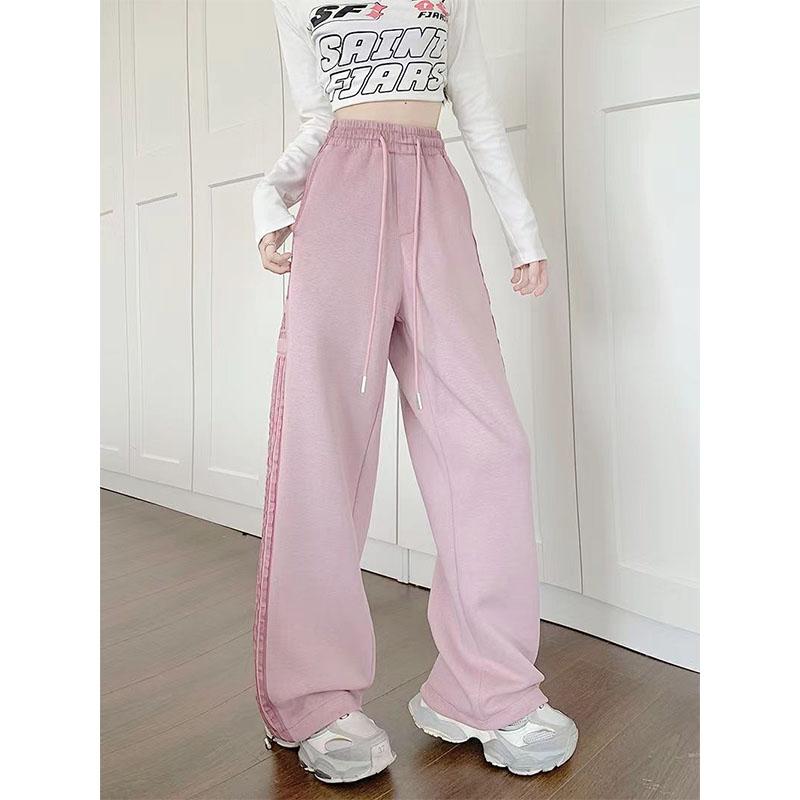 American Style Pink Striped Sports Women Spring Autumn Casual Thicken Sweatpants Loose Straight Elastic Waist Wide Leg Trousers