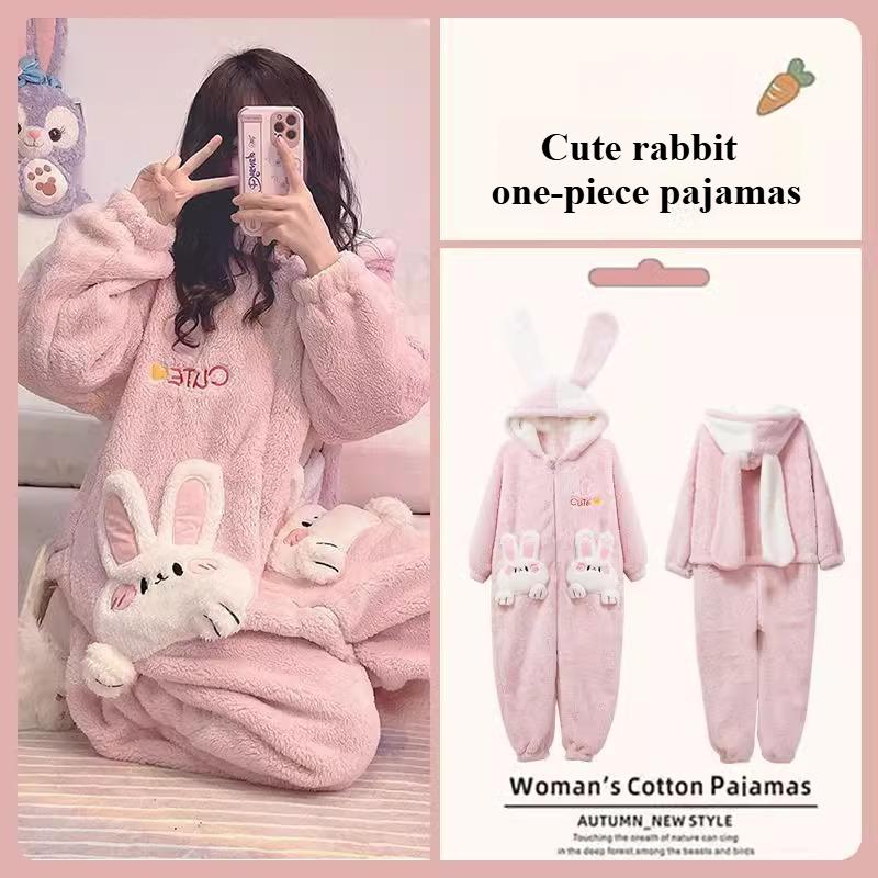 Winter Soft Girl Rabbit Pajamas Thickened Coral Fleece Cute One-piece Pajamas Girl Cartoon Ins Loungewear Nightgown