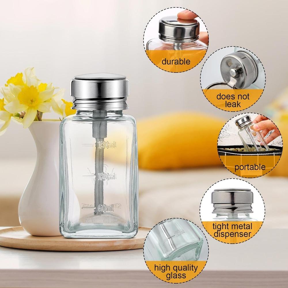 2pcs 80 Ml Clear Pump Dispenser Bottle with Metal Flip Cover Glass Nail Polish Remover Push Down Dispenser Bottle Refillable Push Down