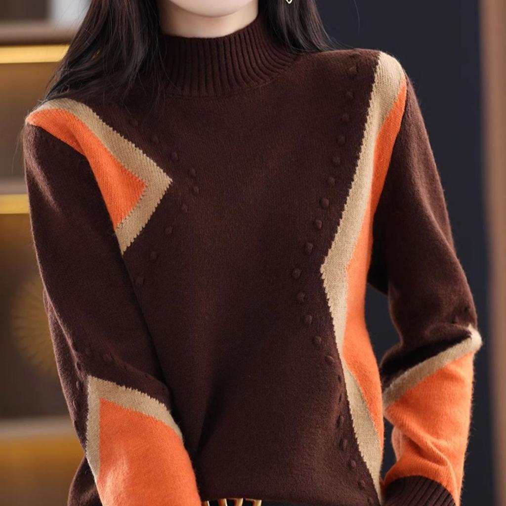 Half Turtleneck Knitted Sweater for Women In Autumn and Winter Red Loose Long-sleeved Pullover Casual Sweater