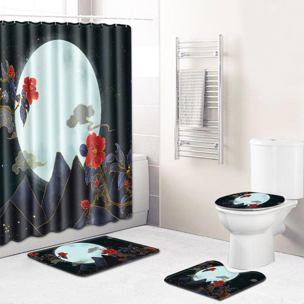 Chinese Antique Bronzing Night Flower Bathroom Floor Mat Shower Curtain Combination Floor Mat Support