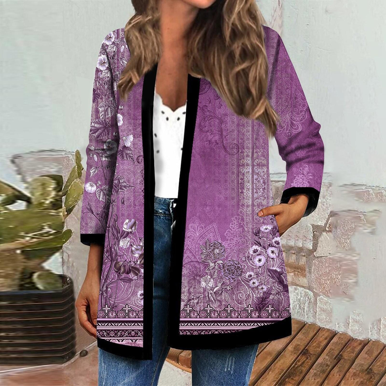 

Модная женская винтажная куртка с длинным рукавом с этническим принтом, куртка-кардиган, топ XL фиолетовый