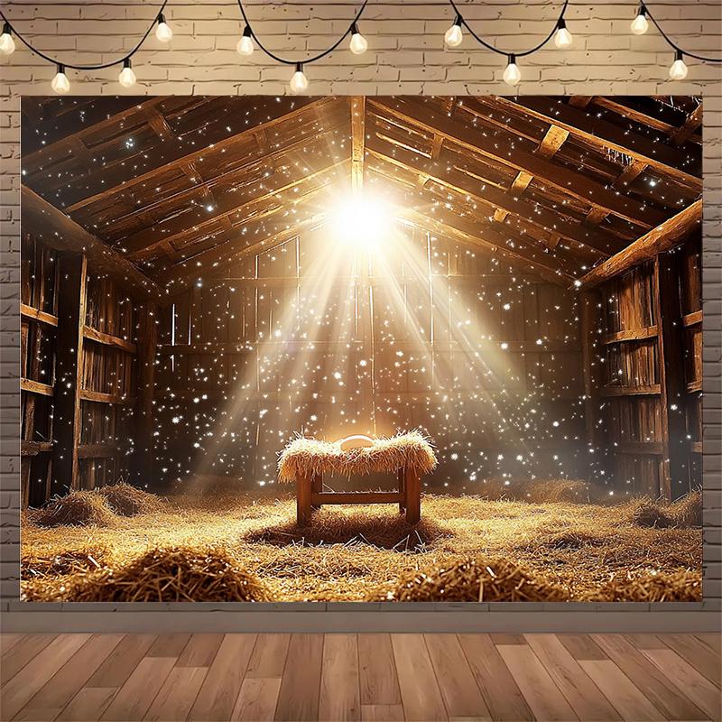 Large-scale Nativity Scene Polyester Background - Calm Stability and Snowfall Design, Party Decoration Polyester