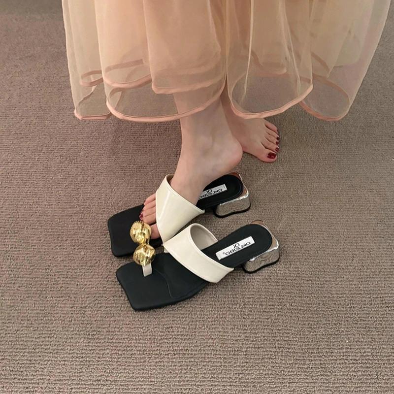 

Fashion Summer Slippers Fashion Women s Metal Decorative Stiletto Heels Sliding Outdoor Dress Party Flip-flops Clip Toe Sandals 35 бежевый