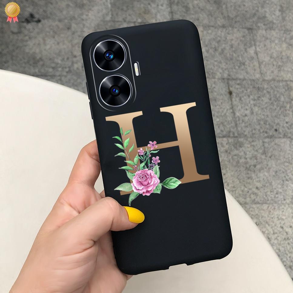 For Realme C55 C 55 6.72'' Case Delicate Cute Letters 3D Crown Flowers Matte Shockproof Soft TPU Silicone Phone Case Back Cover