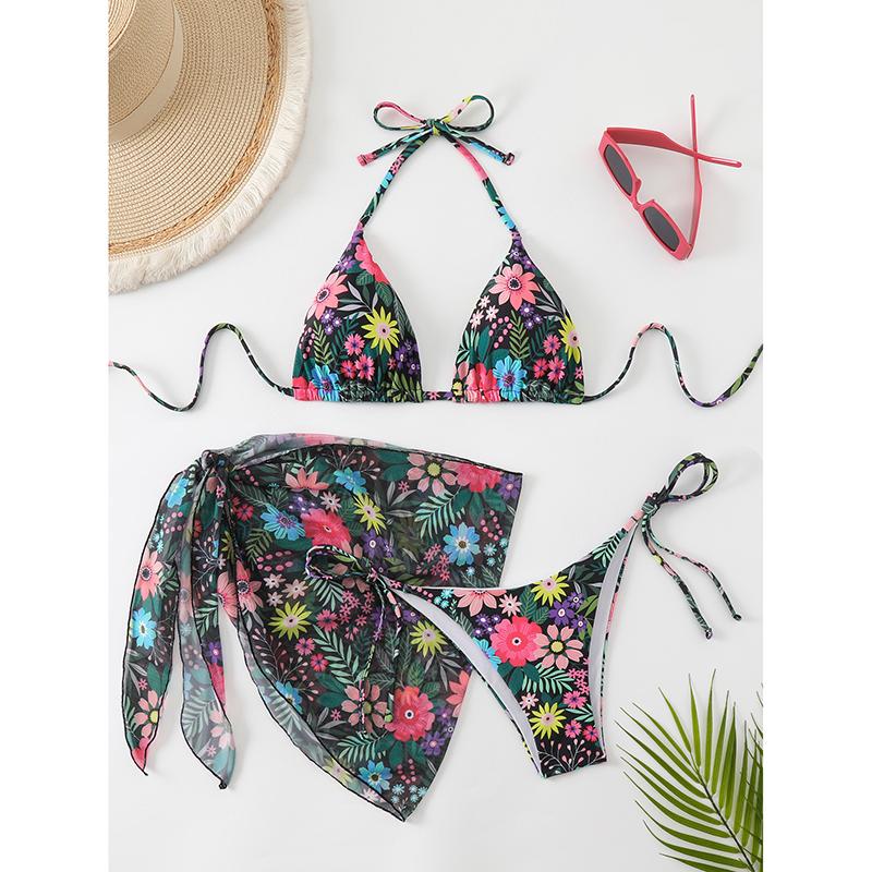 

Комплект бикини из 3 предметов Женский купальник с накидкой Женский купальник с цветочным принтом Стринги Пляжная одежда Сексуальная юбка Купальник Лето XL чёрный