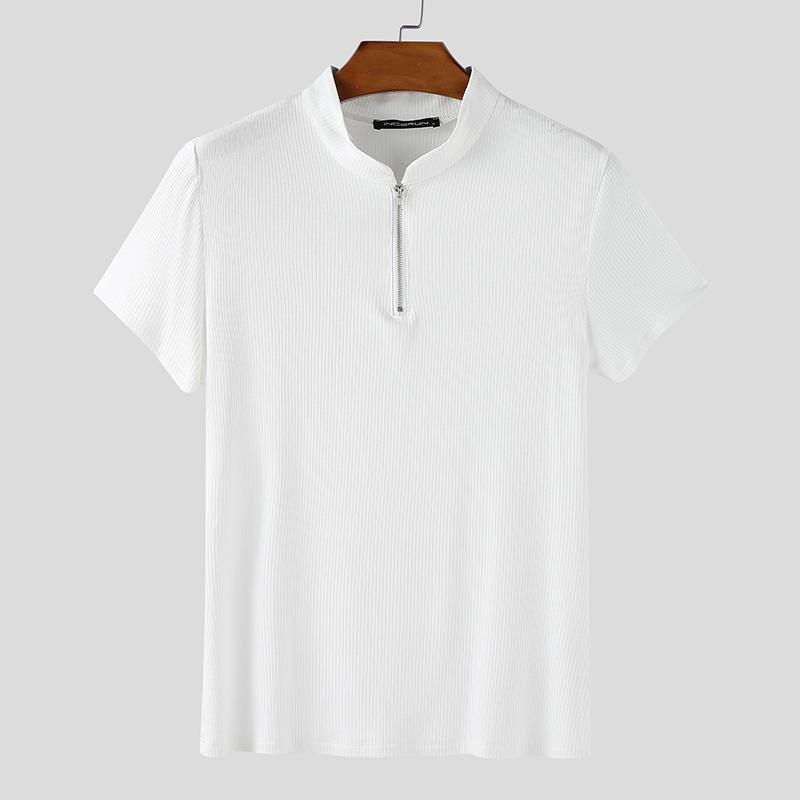 INCERUN Men Mockneck Short Sleeve Zip-up Rib Casual Fitted T-shirts Tops