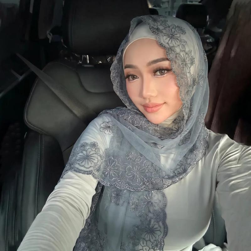 Lace Embroidery Muslim Hijab Women Chiffon Scarf Sheer Floral Headscarf Islamic Head Wrap Bandana Daily Prayer Head Accessory