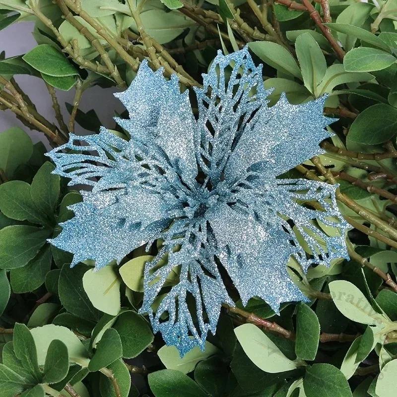 5Pcs Gold Christmas Sparkling Flowers Heads For Xmas Tree Hanging Ornament Home Room Decor Party DIY Wreath New Year 2025 Gifts