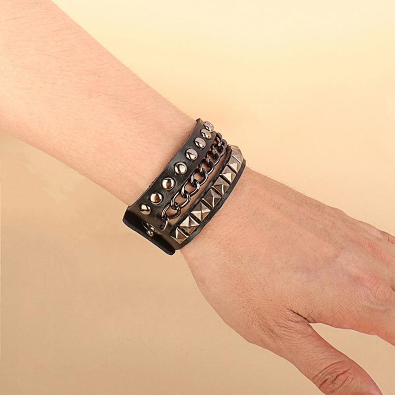 Multilayers Rock Spike Rivets Chain Bracelet Gothic Punk Wide Cuff Leather Bracelet Bangle Fashion Bracelet Jewelry