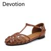 Woven and Hollowed-out Flat-bottomed Toe Sandals for Women Breathable One-button Fashionable Vacation Roman Shoes Devotion