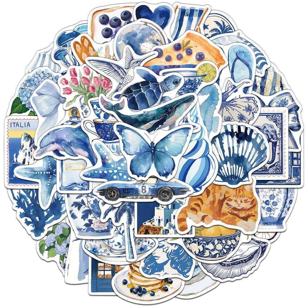 

50-Piece Blue Cartoon Sticker Set for DIY Phone Cases, Notebooks, and Water Bottles