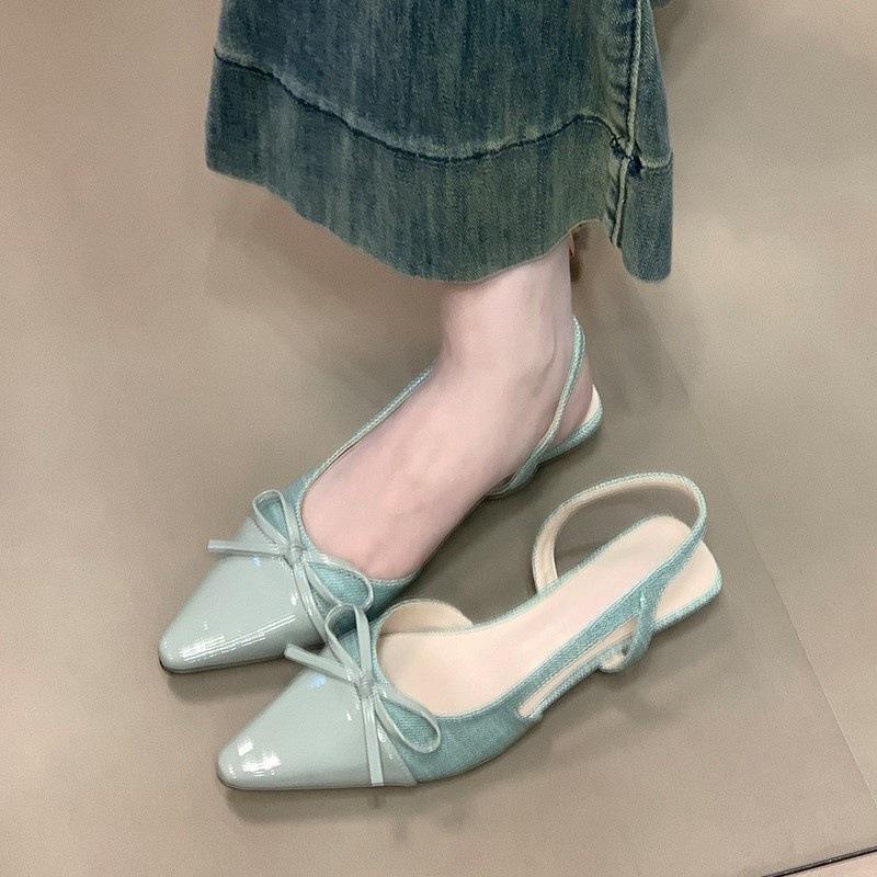 Gentle Temperament Shallow Mouth Women's Single Shoes 2025 Summer Bow French Back Empty Splicing Bag Head Sandals