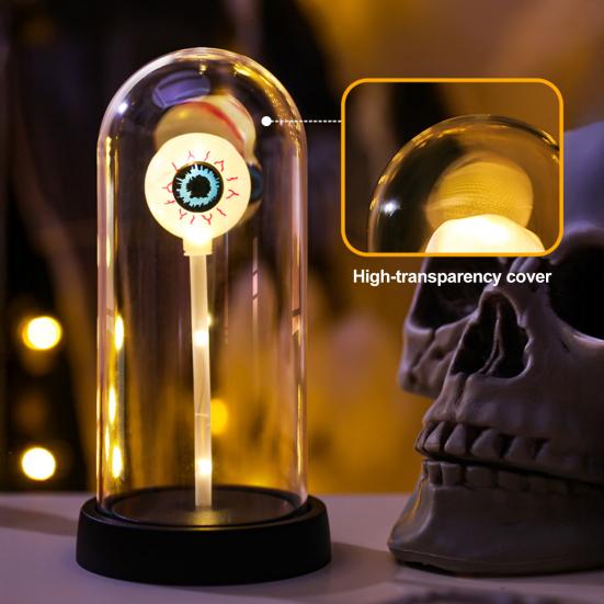 LED Clear Dome Eyeball Night Light Creepy Light-up Eyeball in Cloche with Wooden Base for Home Kitchen Tabletop Mentel Shelf Decor