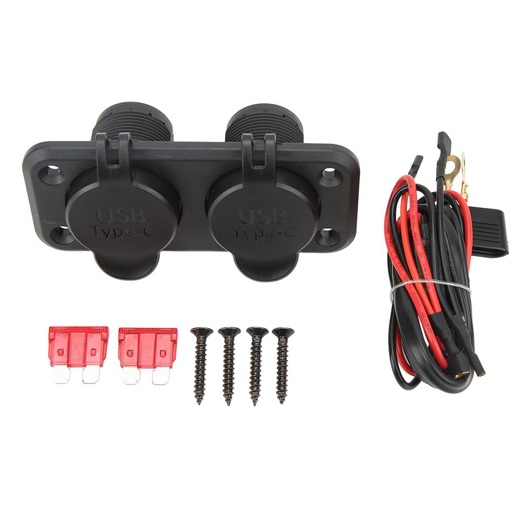Dual Port Car Charger 2 Way DC 10‑30V USB TYPE C Power Outlet Socket with Mounting Panel Charging Adapter for RVs Boats